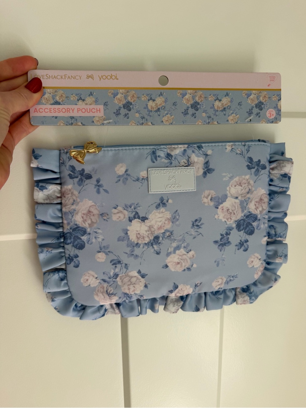 Love Shack Fancy Yoobi everblooming rosettes flat zip with ruffles whisper blue
